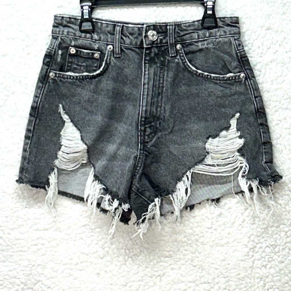 Women's ZARA R13 Distressed Destroyed High Rise Style‎ Washed Out Black Shorts 2
